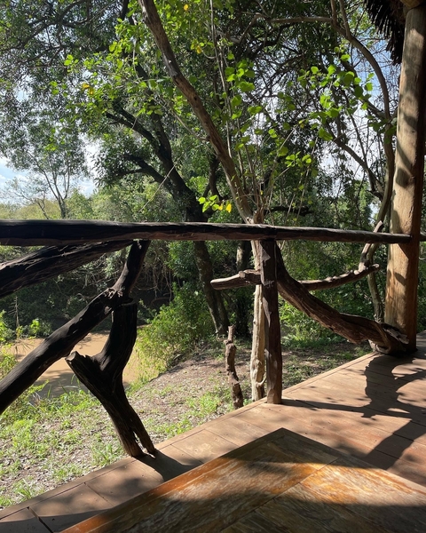       Wooden terrace overlooking a lush green area
  