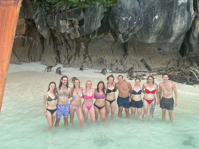 Group of people standing in shallow water on a beach with monkeys on the shore.
