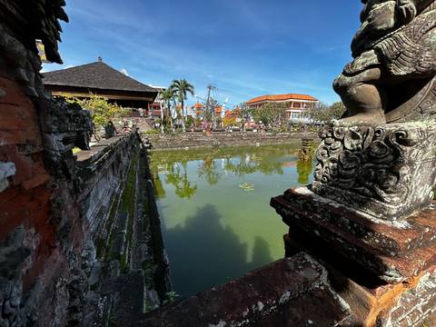 Upside-down image of a temple and reflection.