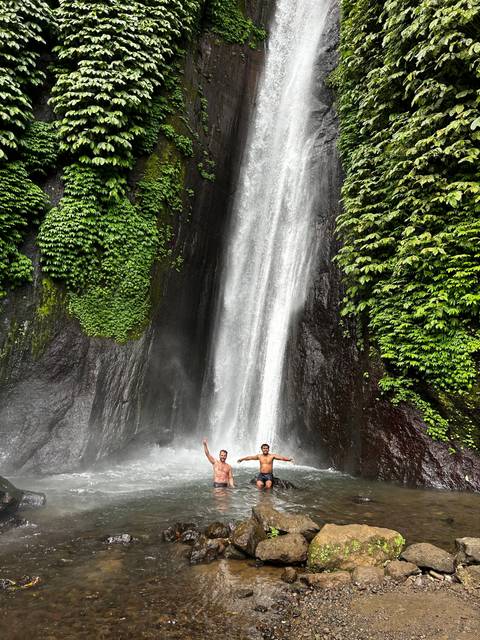 Waterfall with people swimming at the base in a lush environment.
