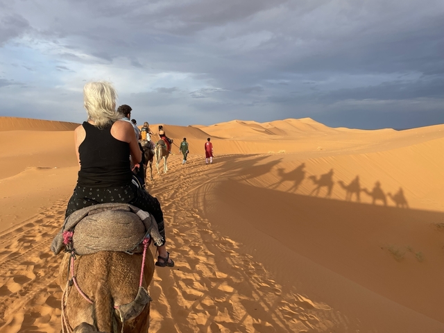       Group of people on camels trekking through desert dunes.
  