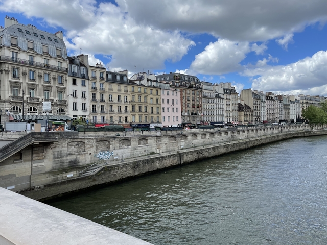 View of a riverside with historical buildings in the background.
