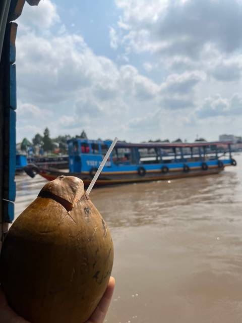Coconut drink with a straw against a river backdrop.