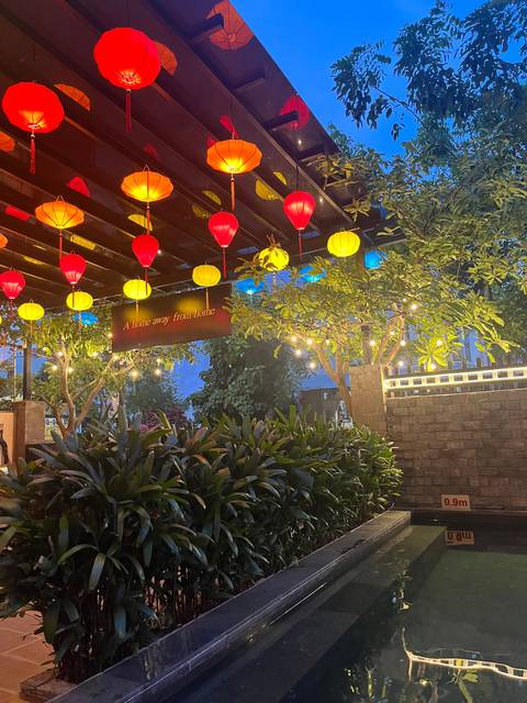 Decorative lanterns hanging in a street at night.