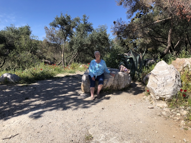       Older woman sitting on a rock with trees and flowers around.
  