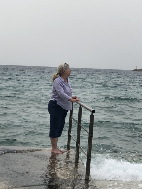 Person standing by a railing overlooking the sea.