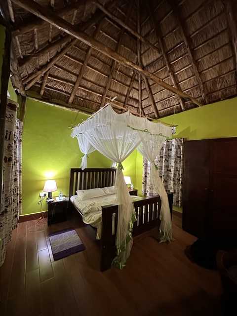 A cozy bedroom with a mosquito net over the bed and warm lighting.