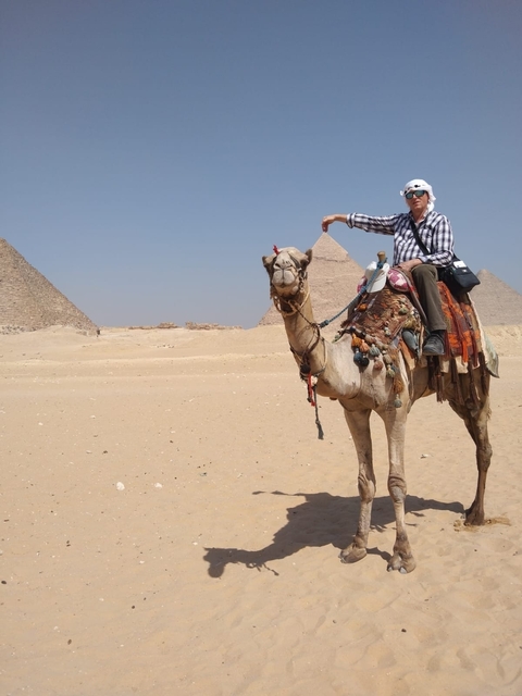       Person riding a camel in front of pyramids in the desert.
  