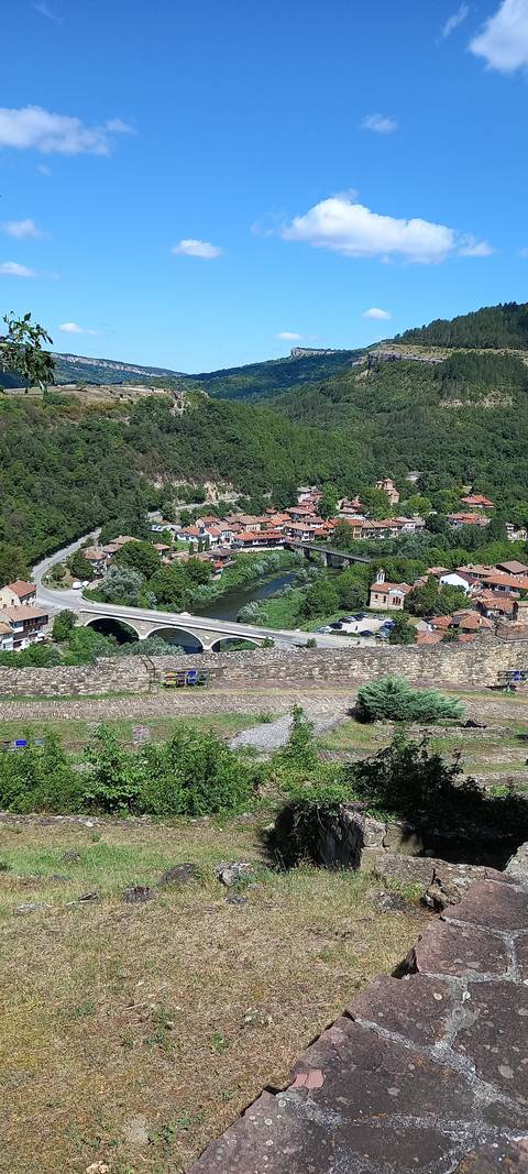 Panoramic view of a town with a river and bridge, surrounded by greenery.