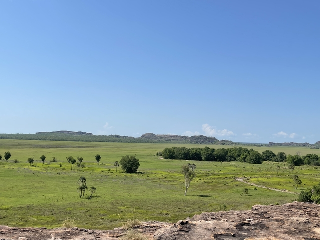 Wide open landscape with greenery and distant hills.