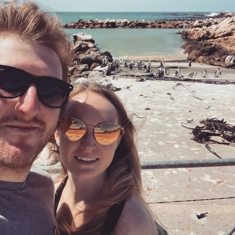       Couple taking a selfie with penguins in the background.
  