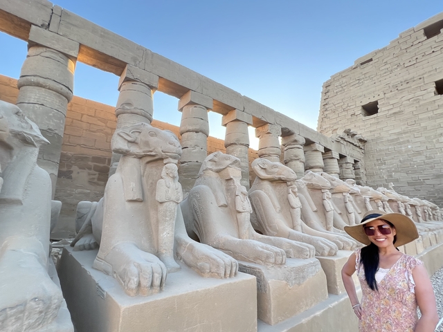       Person standing among rows of ancient statues with bright sky.
  