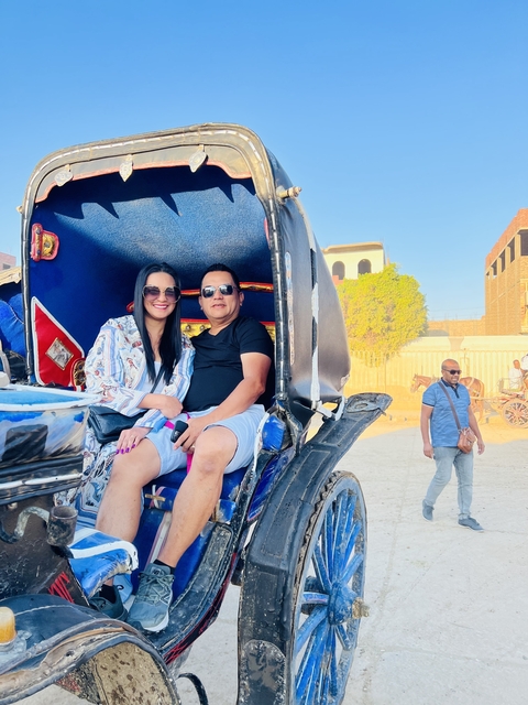       Two people sitting in a carriage with bright sunny backdrop.
  