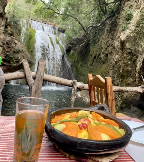       Plate of food with a waterfall in the background.
  