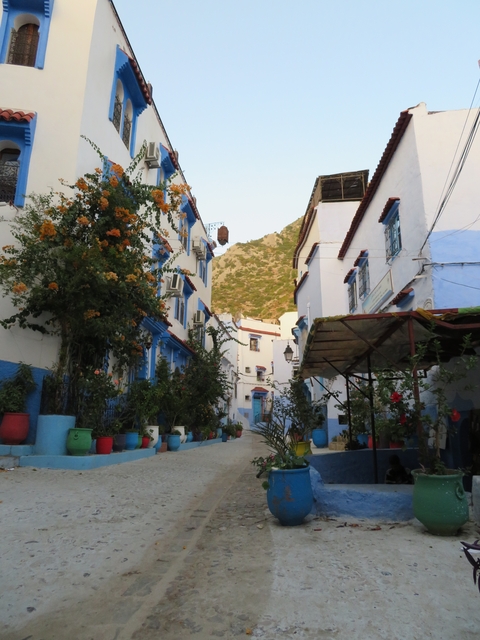 Charming street with blue and white buildings in Chefchaouen.