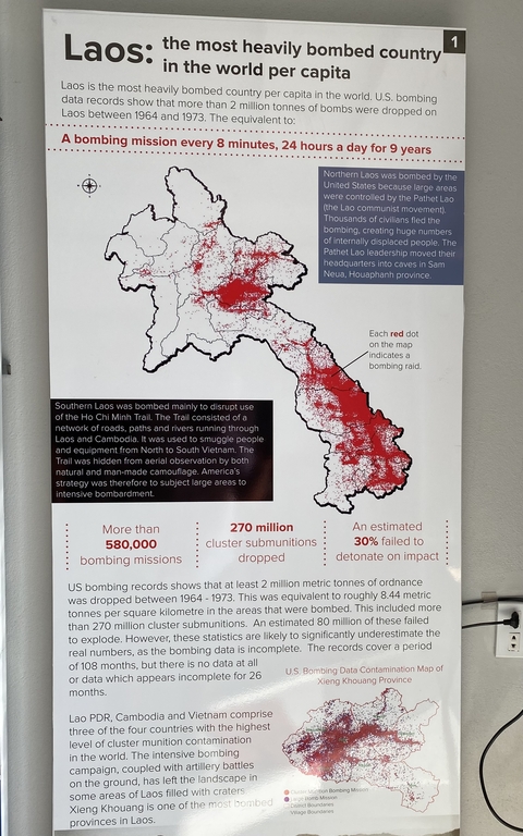       Map indicating bombing raids across Southern Laos.
  