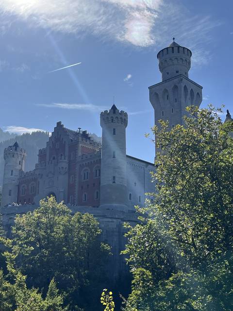 A castle with towers and trees surrounding it.