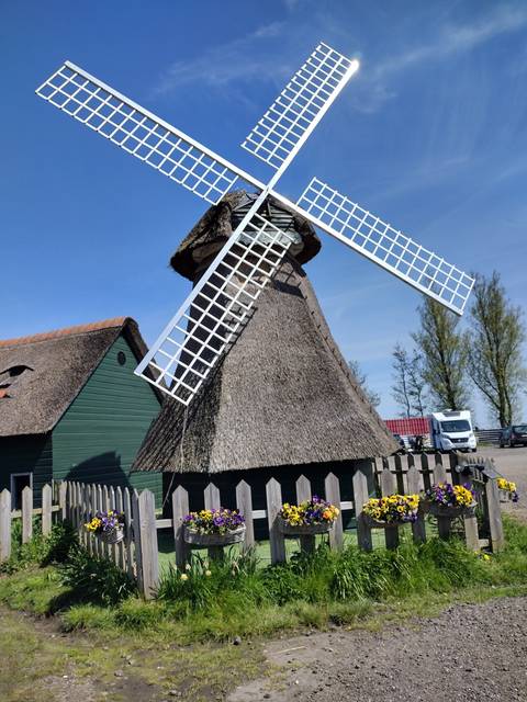 Windmill with flowers along the fence.