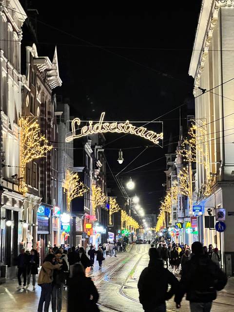       Upside-down view of a pedestrian street with Christmas lights.
  