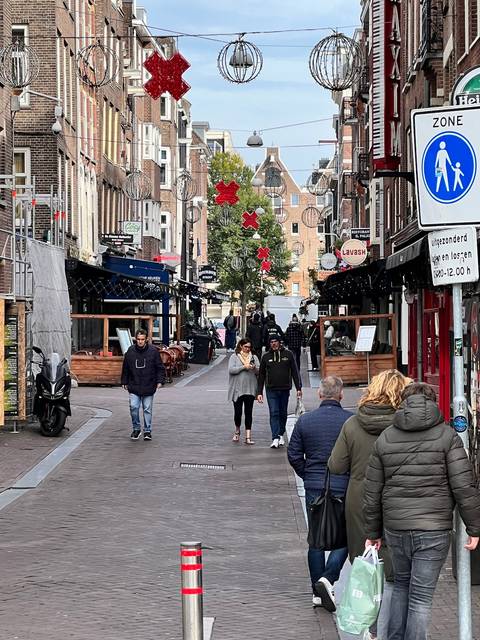       Upside-down view of a lively pedestrian street during the day.
  