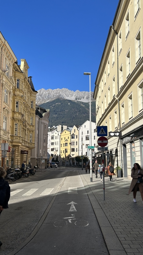       Urban street scene in Innsbruck with mountain background.
  
