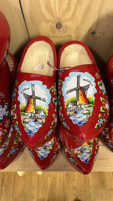       Pair of wooden clogs with windmill painting.
  