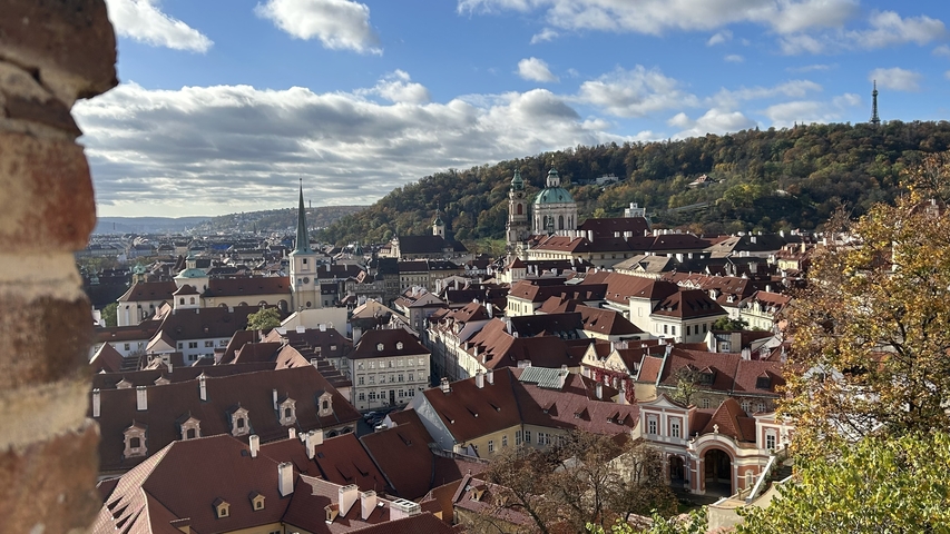       Scenic view of Prague with historic buildings and church spires.
  