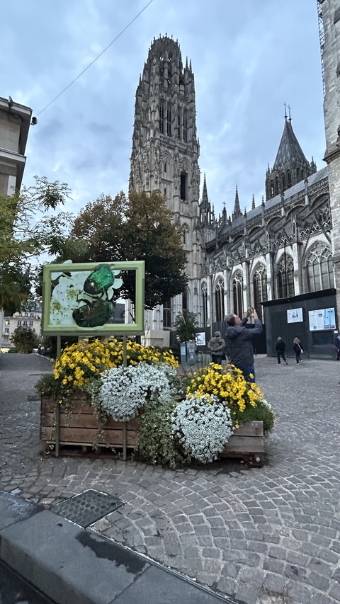 Person taking a photo near a cathedral with flowers.