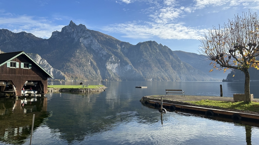       Mountain and lake landscape with clear reflections.
  