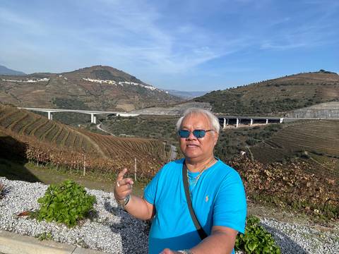 Person with vineyard scenery in upside-down view.