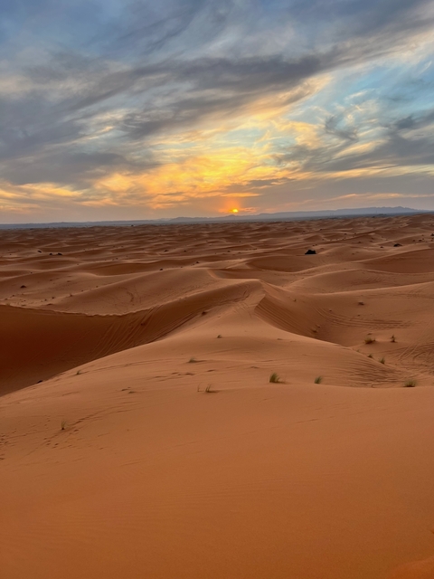       Vast desert landscape with sand dunes at sunset.
  