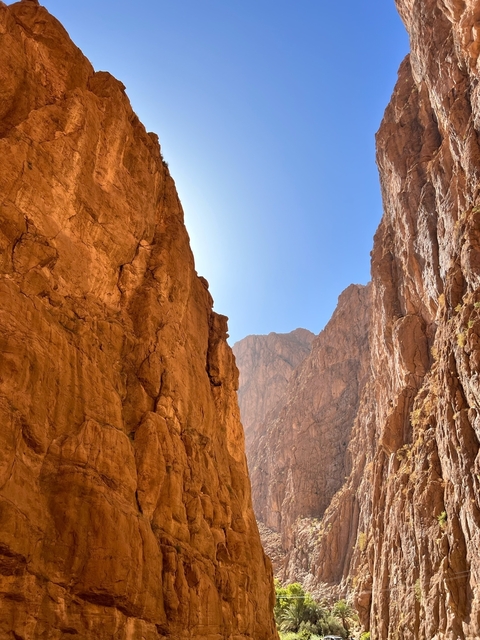       Sunlit canyon with steep rocky walls.
  