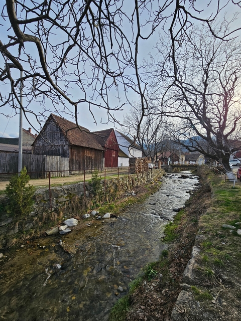       Rustic countryside scene with a creek, rustic buildings, and trees.
  
