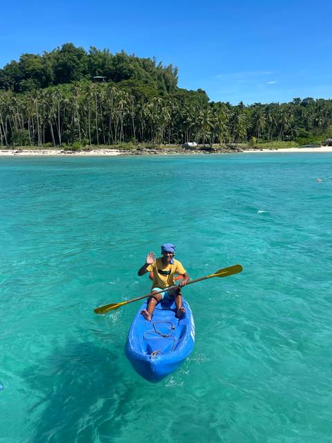 Person kayaking in clear water near a green coastline.