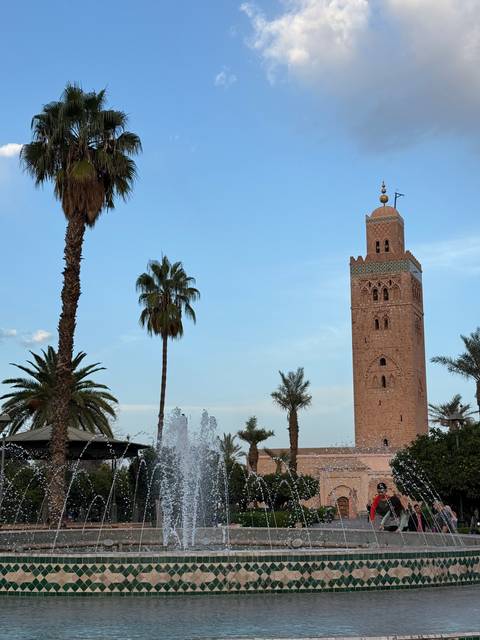       Palm trees and a mosque with fountains at sunset.
  
