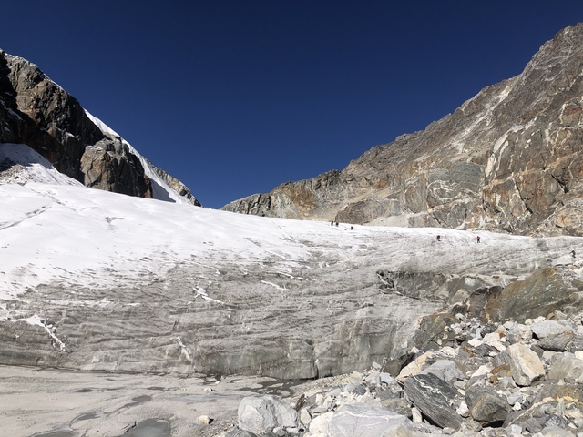       Glacier landscape with hikers in the distance
  