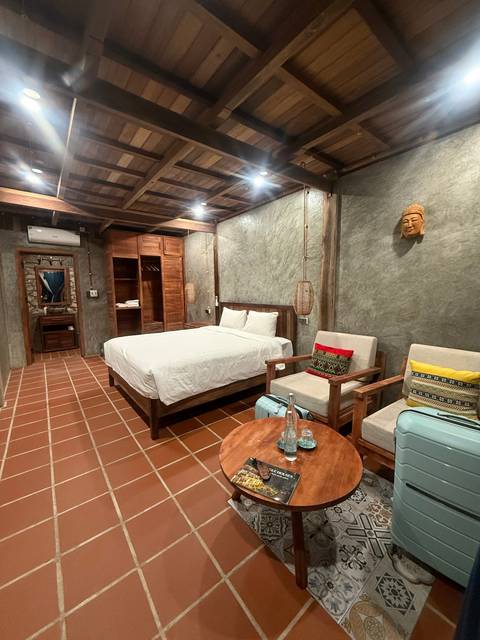 Interior of a rustic accommodation or room.