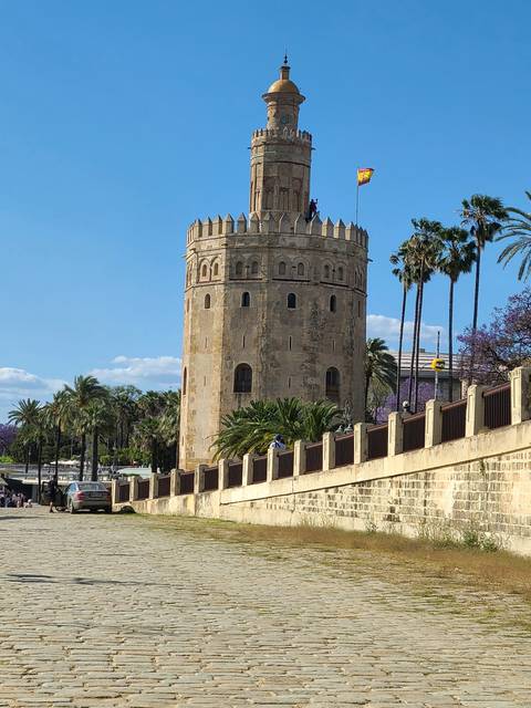 Historic tower with a flag on top.