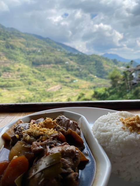 Plate of food with rice and vegetables, view of landscape through window.