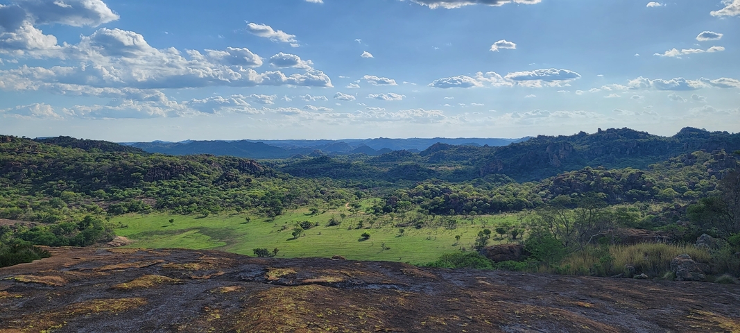 Scenic view of green valley with distant mountains.