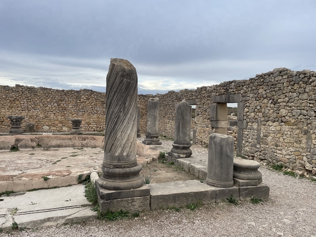       Stone ruins with columns at an archaeological site.
  