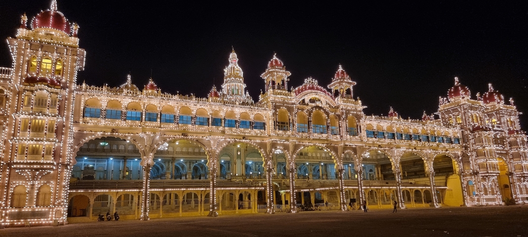       Illuminated palace at night with decorative lights.
  