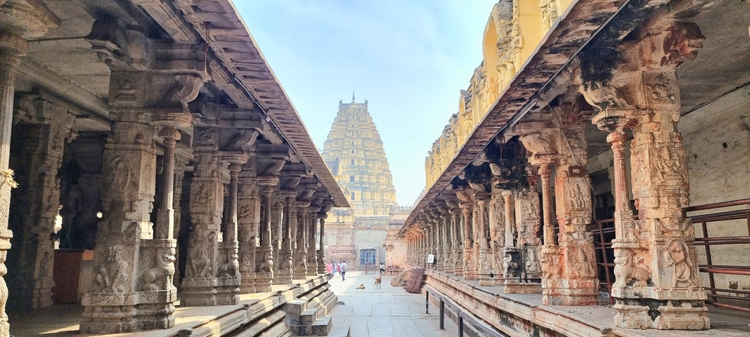       Temple corridor with elaborately carved pillars and distant temple tower.
  