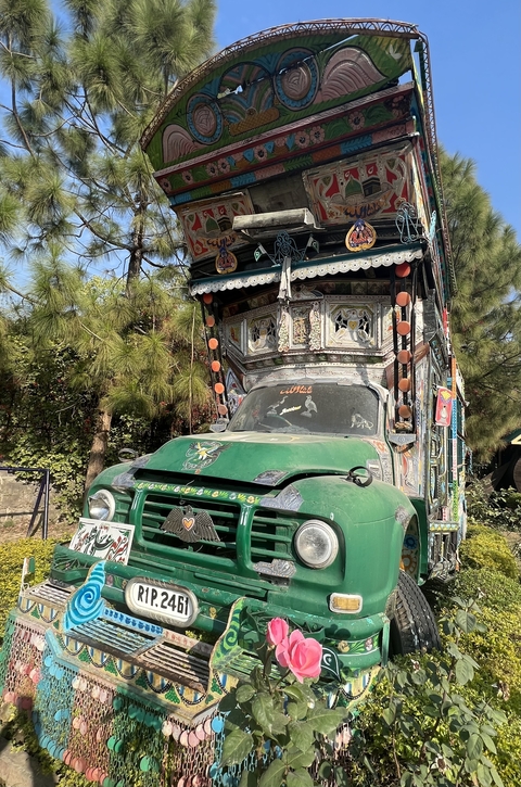       Decorated truck parked beside trees.
  