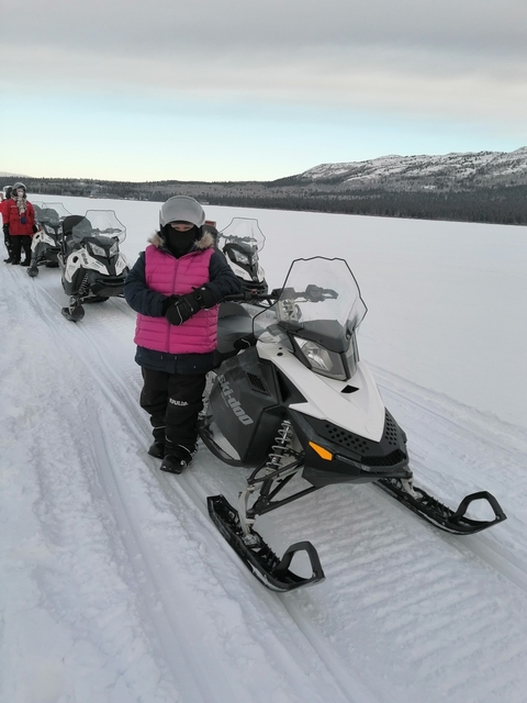       Person posing with snowmobiles on a snowy landscape.
  