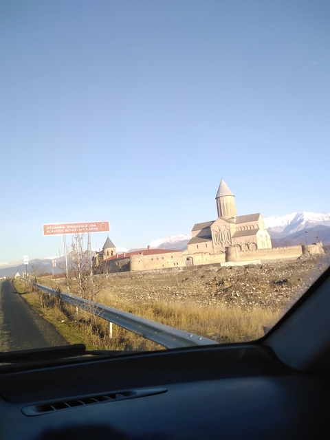       Scenic view of a cathedral with mountains in the background.
  