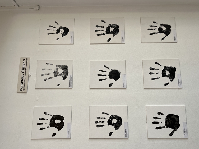 Handprints displayed on a wall, part of an art installation.