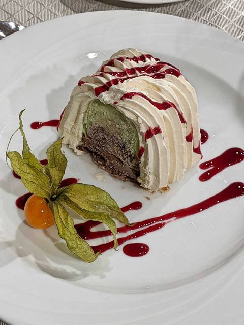 Dessert with chocolate and green layers garnished with fruit and sauce.