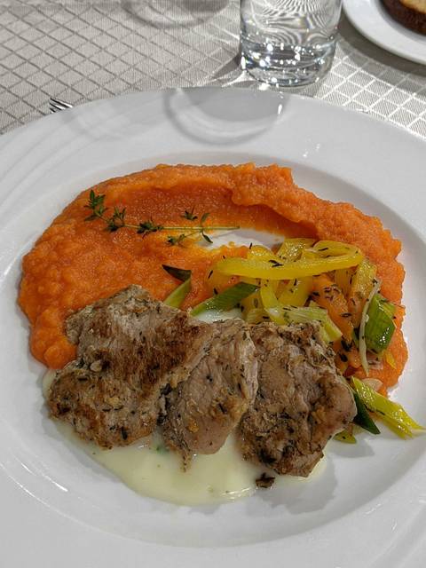       Plate with meat and vegetables.
  