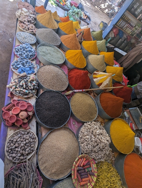       Colorful spices and herbs displayed in containers at a market stall.
  